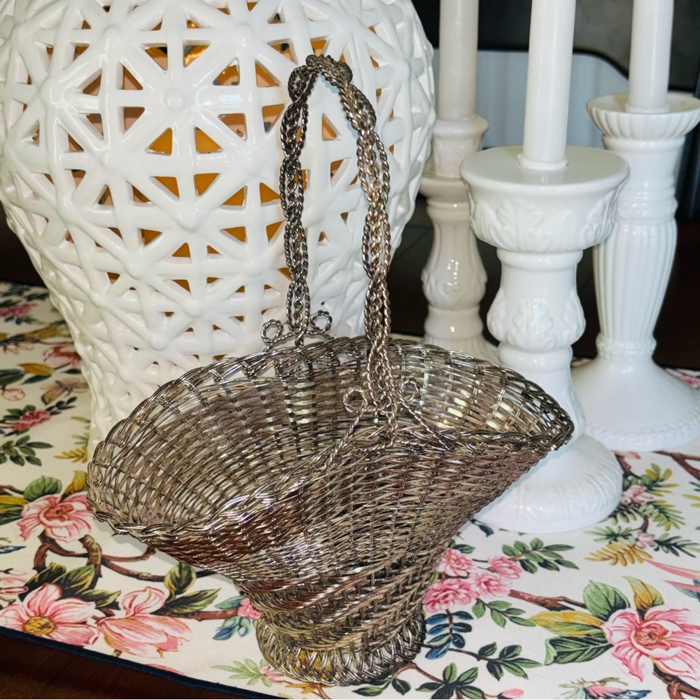 Vintage Victorian Silver Handwoven Metal Basket